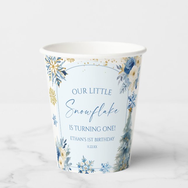 Our Little Snowflake Blue Winter Birthday Party Paper Cups (Front)