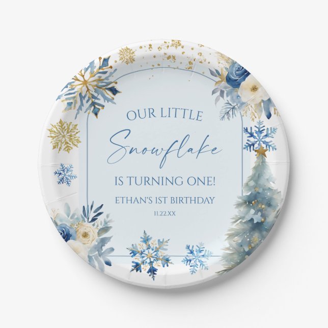 Our Little Snowflake Blue Winter Birthday Party Paper Plates (Front)