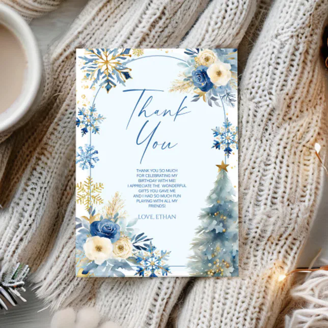 Our Little Snowflake Blue Winter Birthday Party Thank You Card | Zazzle