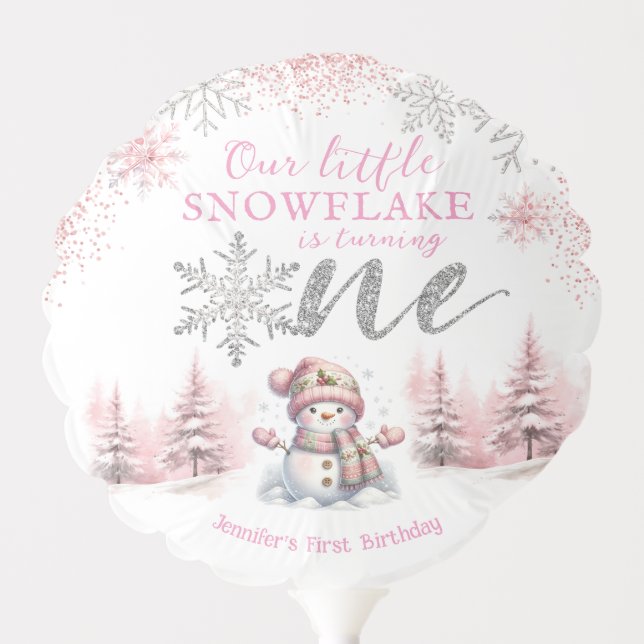 Our Little Snowflake Girl Pink Silver 1st Birthday Balloon (Front)