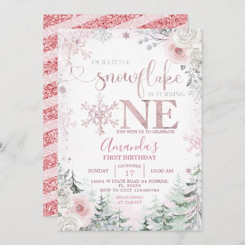 Our little Snowflake Pastel Pink Flowers Birthday Invitation