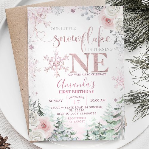 Our little Snowflake Pastel Pink Flowers Birthday Invitation