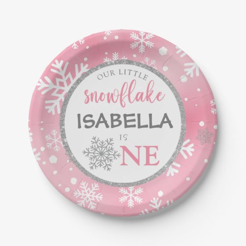OUR LITTLE SNOWFLAKE PINK 1ST BIRTHDAY PAPER PLATES