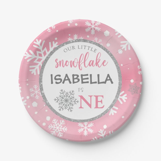 OUR LITTLE SNOWFLAKE PINK 1ST BIRTHDAY PAPER PLATES (Front)