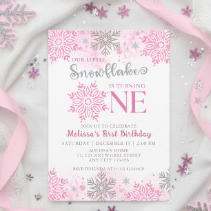 Our Little Snowflake Pink Silver Winter Birthday Invitation