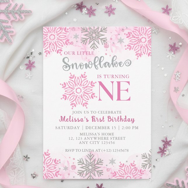 Our Little Snowflake Pink Silver Winter Birthday Invitation (Creator Uploaded)