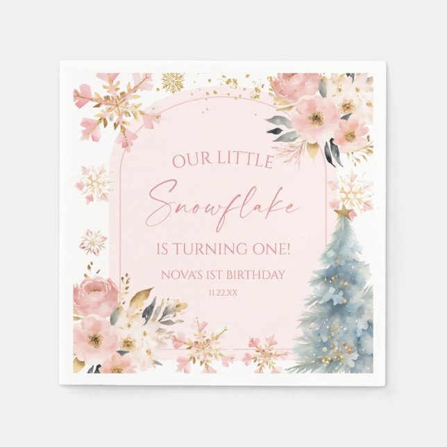 Our Little Snowflake Pink Winter Birthday Party Napkins (Front)