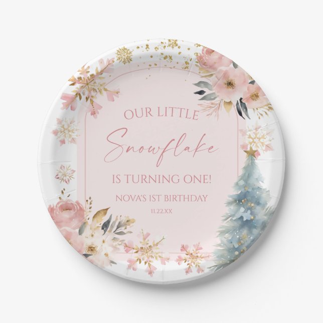 Our Little Snowflake Pink Winter Birthday Party Paper Plates (Front)