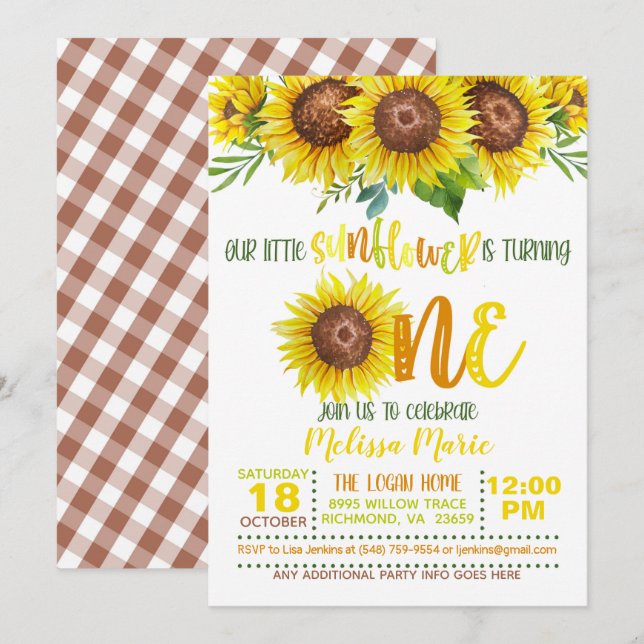 Our Little Sunflower is turning ONE Invitation (Front/Back)