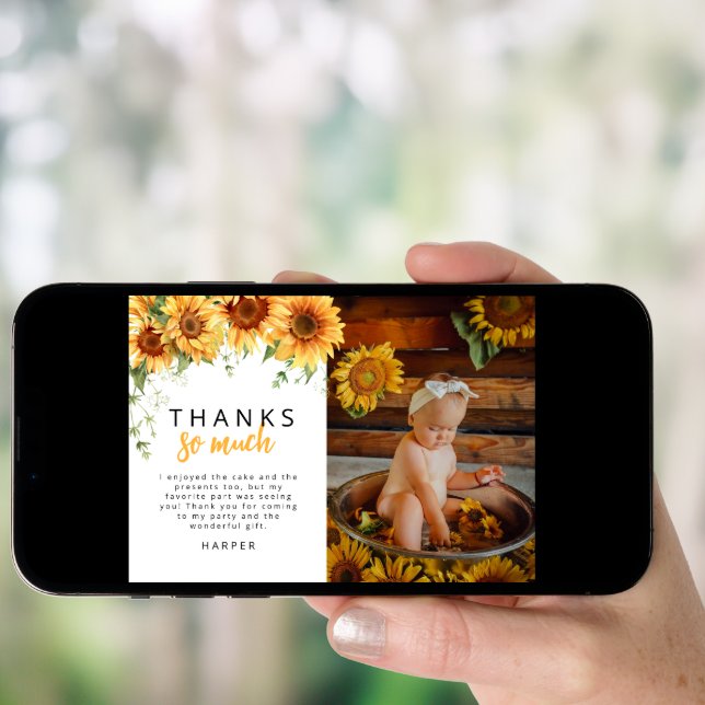 Our Little Sunflower Photo Birthday Thank You Card (Front Digital)