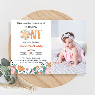 Our Little Sunshine 1st Birthday Boho Floral Photo Invitation