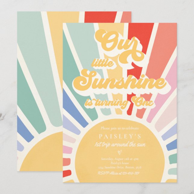 Our Little Sunshine 1st Birthday Muted Rainbow  Invitation (Front/Back)