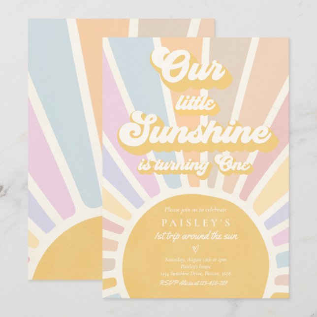 Our Little Sunshine 1st Birthday Party Retro Pink Invitation (Front/Back)