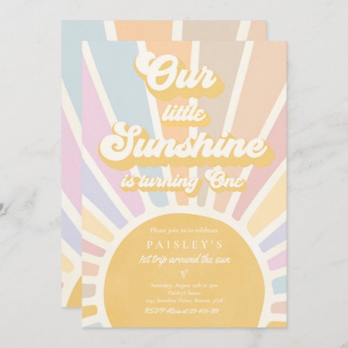 Our Little Sunshine 1st Birthday Party Retro Pink Invitation