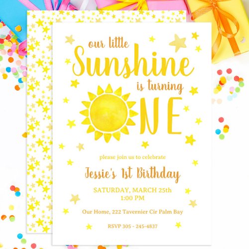 Our Little Sunshine 1st Birthday Party Watercolor Invitation