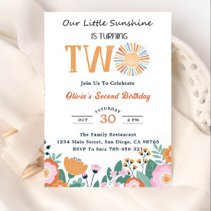 Our Little Sunshine 2nd Birthday Boho Floral Invitation
