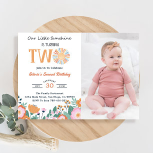 Our Little Sunshine 2nd Birthday Boho Floral Photo Invitation