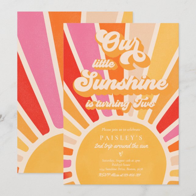 Our Little Sunshine 2nd Birthday Bright Rainbow Invitation (Front/Back)