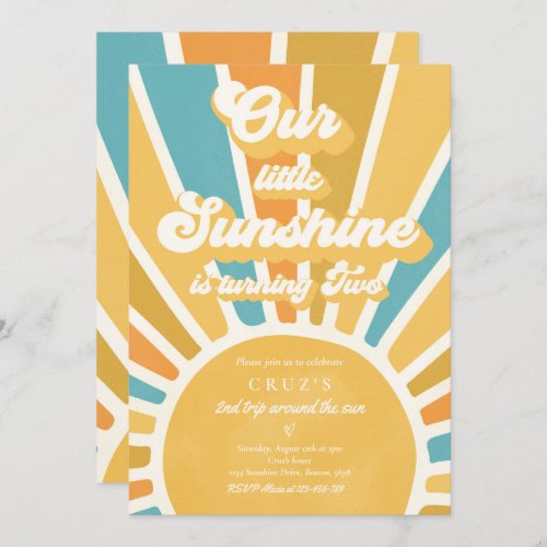 Our Little Sunshine 2nd Birthday Party Retro Blue Invitation