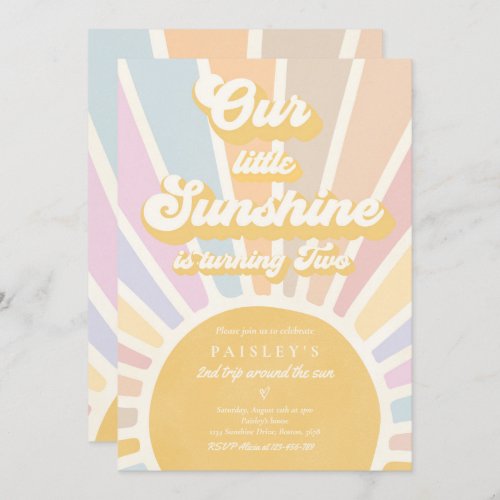 Our Little Sunshine 2nd Birthday Party Retro Pink Invitation