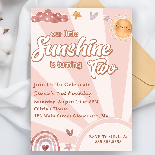 Our Little Sunshine 2nd Birthday Rainbow Party Invitation (Creator Uploaded)