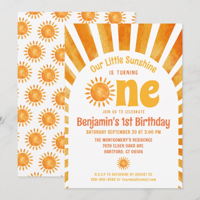 Our Little Sunshine Baby Boy 1st Birthday Party Invitation (Front/Back)