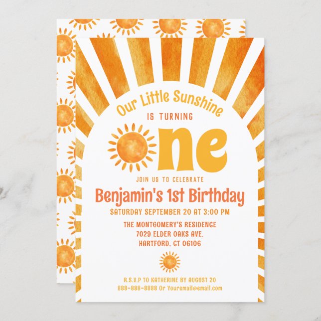 Our Little Sunshine Baby Boy 1st Birthday Party Invitation (Front/Back)