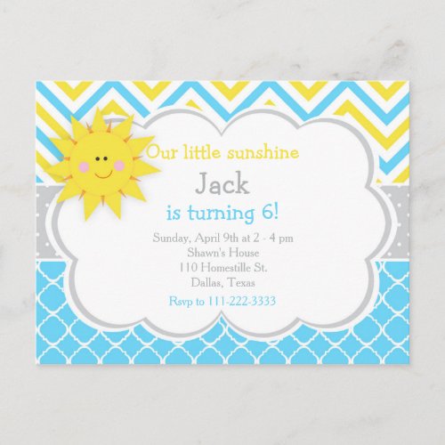 Our little Sunshine Blue and Yellow Birthday Party Invitation Postcard