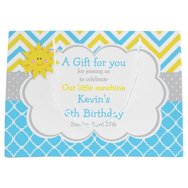 Our little Sunshine Blue and Yellow Birthday Party Large Gift Bag (Front)