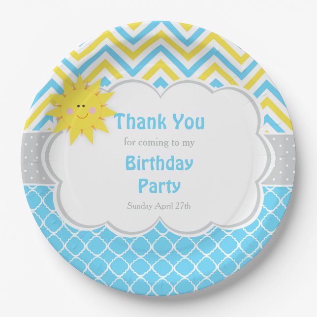 Our little Sunshine Blue and Yellow Birthday Party Paper Plates (Front)