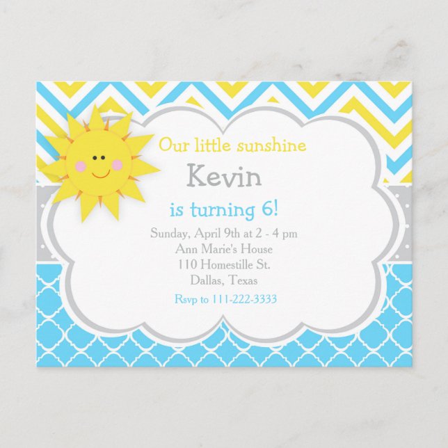 Our little Sunshine Blue and Yellow Birthday Party Postcard (Front)