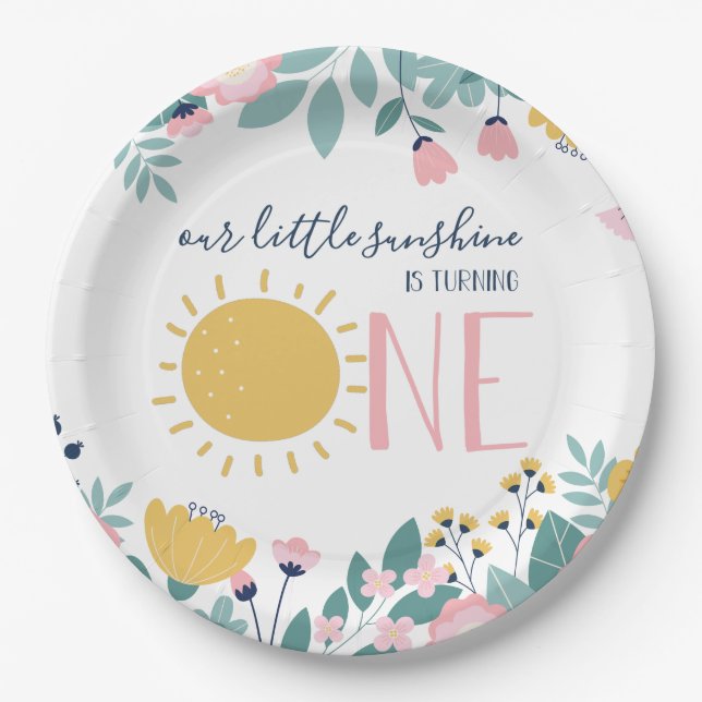 Our Little Sunshine boho Floral Birthday Paper Plates (Front)