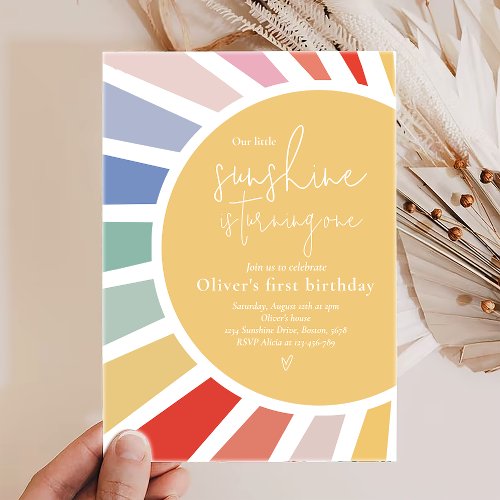 Our Little Sunshine Boho Rainbow 1st Birthday Invitation