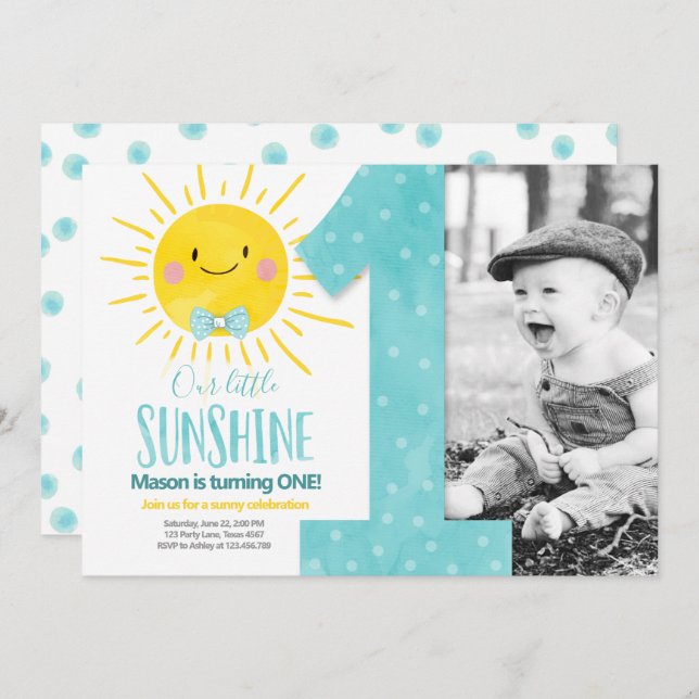 Our Little Sunshine Boy Blue Bow First Birthday Invitation (Front/Back)