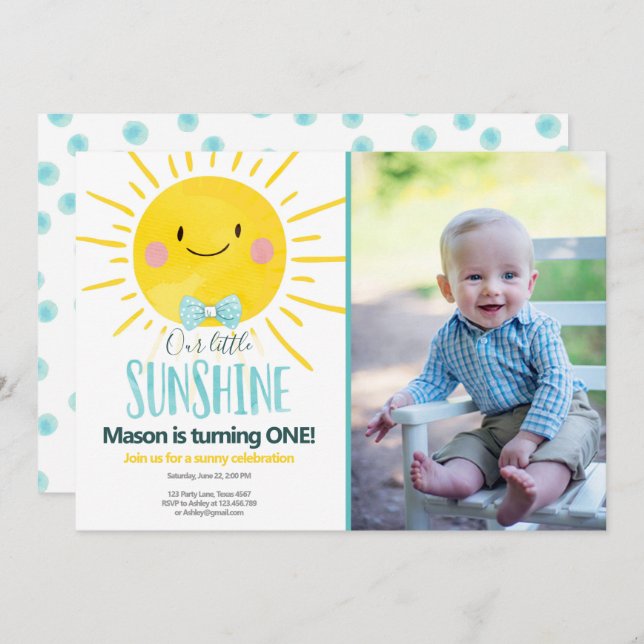 Our Little Sunshine Boy Blue Bow Tie Sun Birthday Invitation (Front/Back)