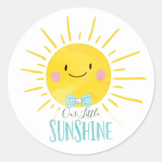Our Little Sunshine Boy Blue Bow Tie Topper Favor Classic Round Sticker (Front)