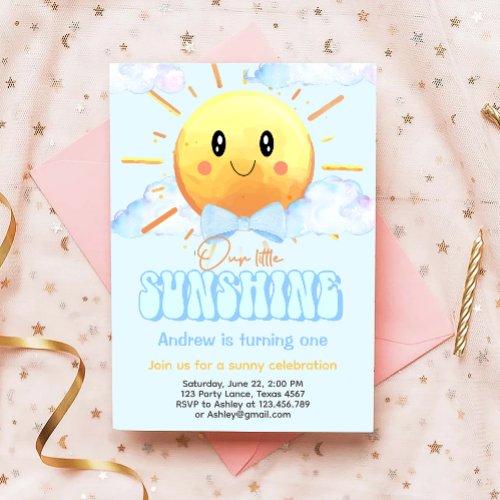 Our Little Sunshine Cute Blue Boy Birthday Party Invitation