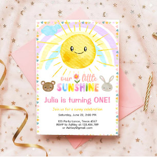 Our Little Sunshine Cute Girl Pink First Birthday Invitation