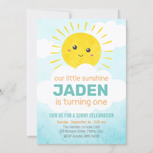 Our Little Sunshine   First Birthday Invitation