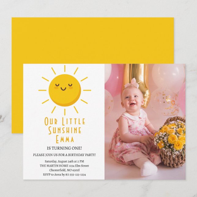 Our Little Sunshine First Birthday Party Photo Invitation (Front/Back)