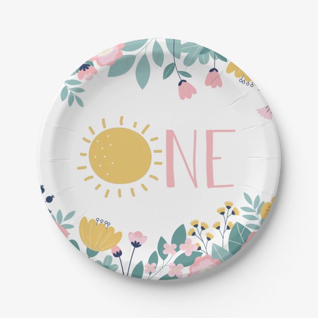 Our Little Sunshine Floral ONE Birthday Paper Plates (Front)