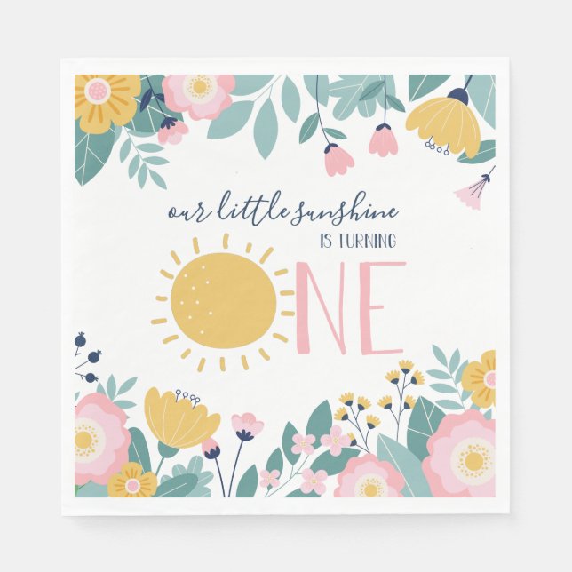 Our Little Sunshine Floral, Pink Stripe Birthday N Napkins (Front)