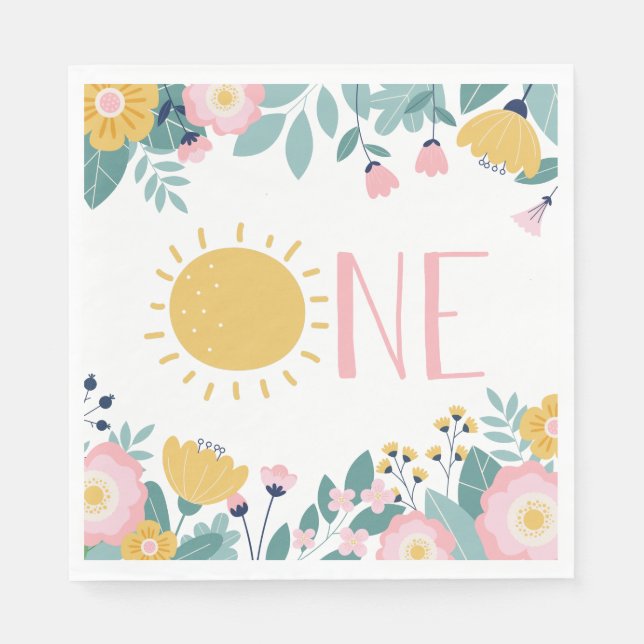 Our Little Sunshine Floral, Pink Stripe Birthday N Napkins (Front)