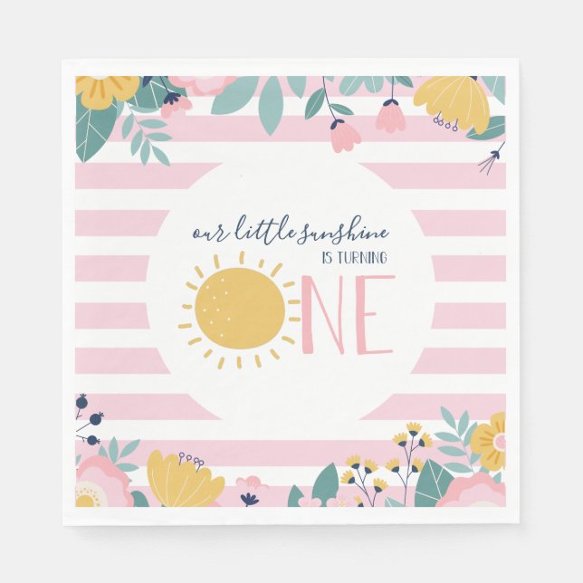 Our Little Sunshine Floral, Pink Stripe Birthday Napkins (Front)