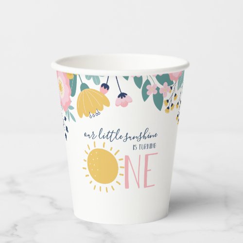 Our Little Sunshine Floral Pink Stripe Birthday P Paper Cups