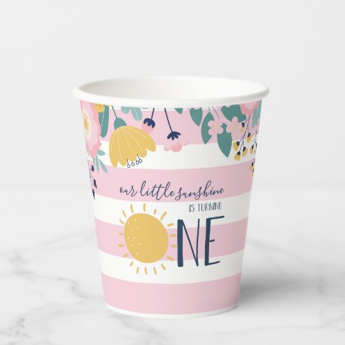 Our Little Sunshine Floral Pink Stripe Birthday Paper Cups