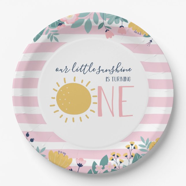 Our Little Sunshine Floral, Pink Stripe Birthday Paper Plates (Front)