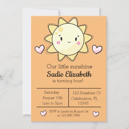 Our Little Sunshine Girl Orange Birthday  Invitation