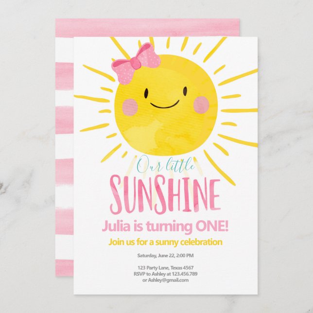 Our Little Sunshine Girl Pink Bow First Birthday Invitation (Front/Back)