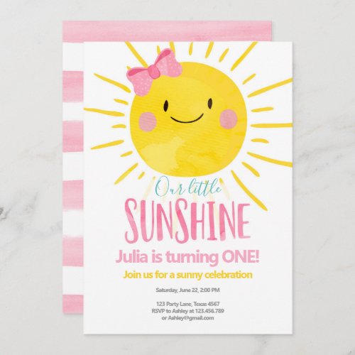 Our Little Sunshine Girl Pink Bow First Birthday Invitation